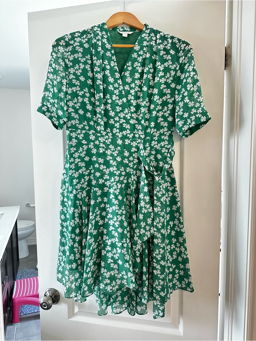 Green Floral Wrap Dress - White Clover Print